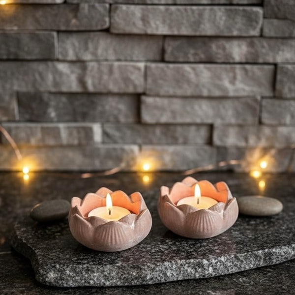 Set of 2 Lotus Flower Tea Light Candle Holders – Handcrafted Stone-Texture Concrete Votive Holders – Dusty Terracotta