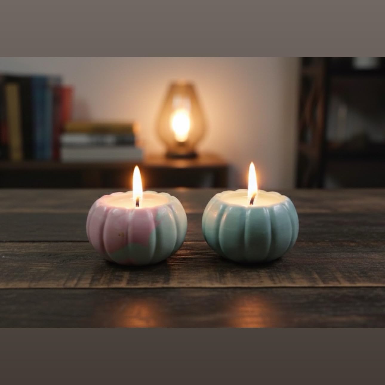Budsnbeau Set of 2 Rustic Pumpkin Asthetic Jar Candle with Lid | Hand-Poured Scented Wax | Fall Farmhouse Reusable Home Decor & Gift - Pink + Light Blue