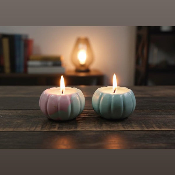 Set of 2 Rustic Pumpkin Asthetic Jar Candle with Lid | Hand-Poured Scented Wax | Fall Farmhouse Reusable Home Decor & Gift - Pink + Light Blue