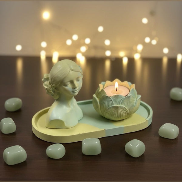 Decorative Sculpture with Tealight Candle Holder on Oval Tray, Rustic Home Decor, Sage Green