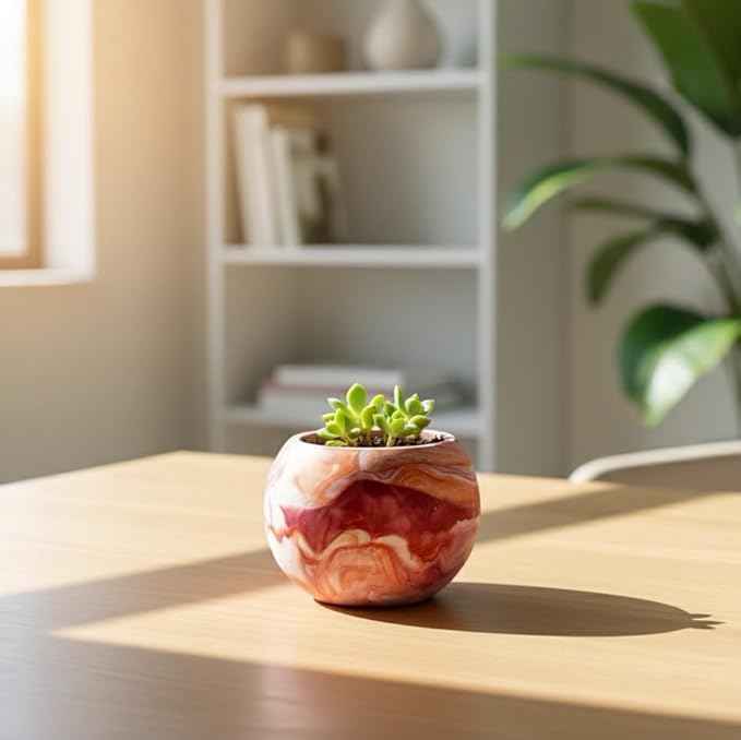 Pink marble textured round succulent planter with a small plant.