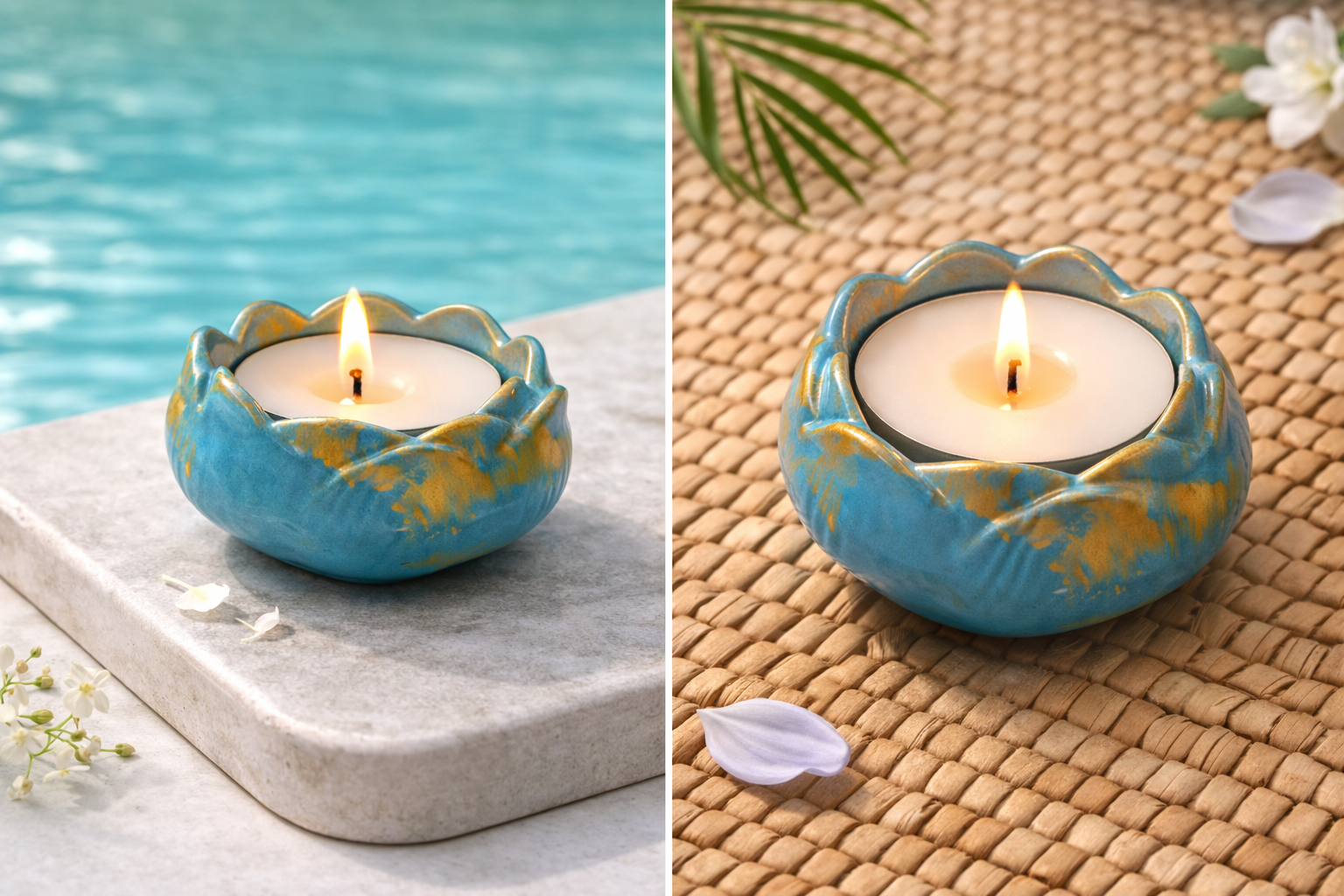 Two blue and gold lotus-shaped clay tealight candle holders with lit candles in serene settings.