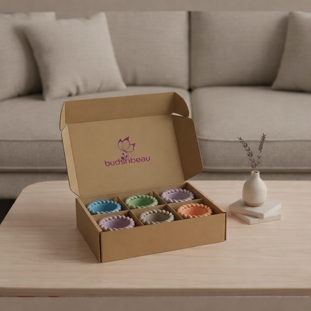 Set of 6 pastel braided tealight candle holders in a box.