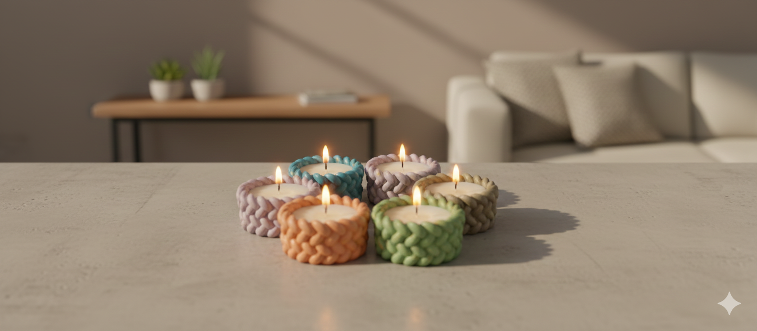 Set of 6 braided tealight candle holders in pastel colors.