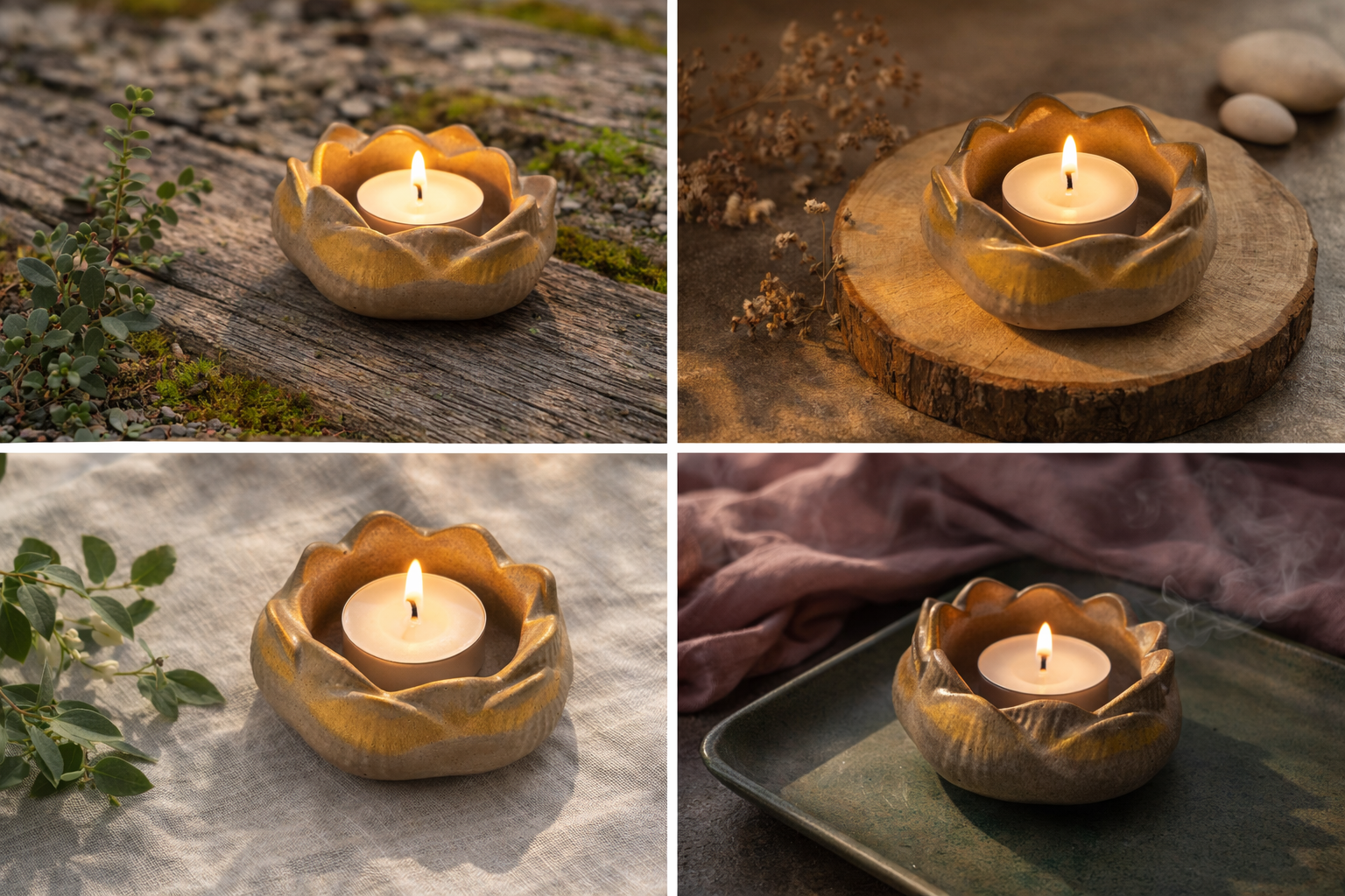 Brown and gold lotus-shaped clay tealight candle holders.