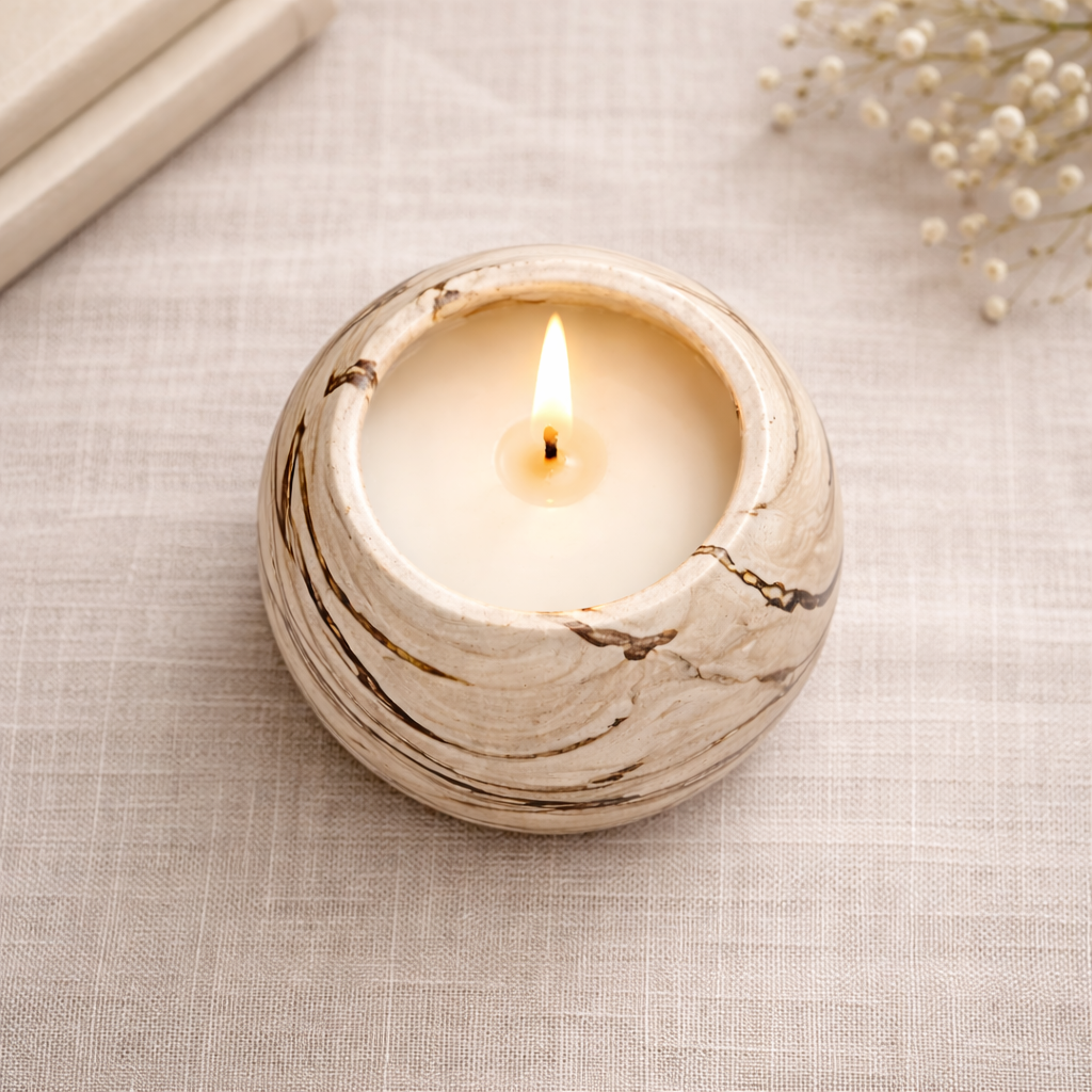 Decorative Marble Swirl Concrete Reusable Candle Jar, Brown and Beige, Round Bowl Design