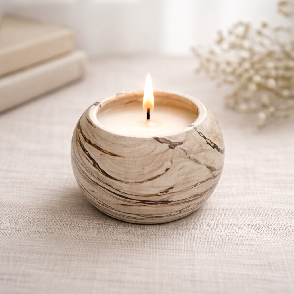 Decorative Marble Swirl Concrete Reusable Candle Jar, Brown and Beige, Round Bowl Design