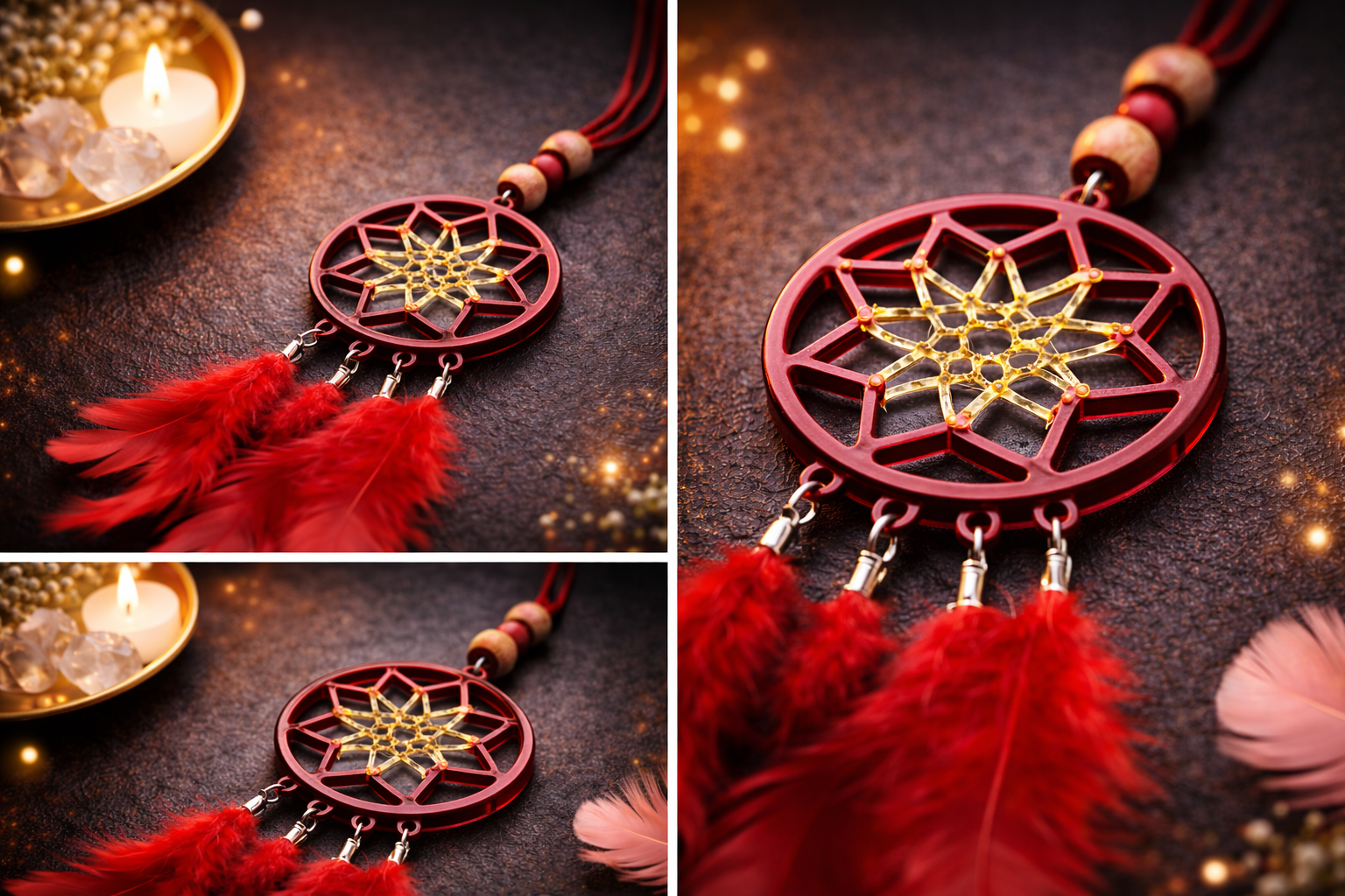 Red dreamcatcher with feathers on a dark background