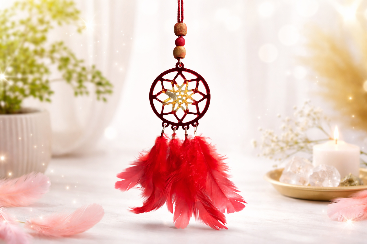 Decorative dreamcatcher with red feathers on a light background