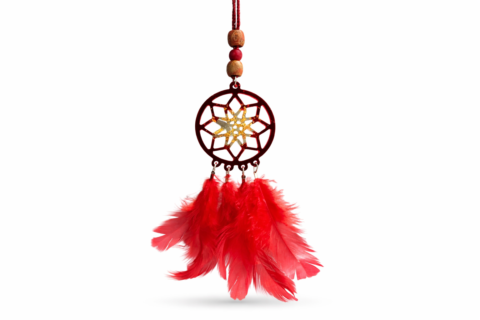 Dreamcatcher with red feathers on a white background