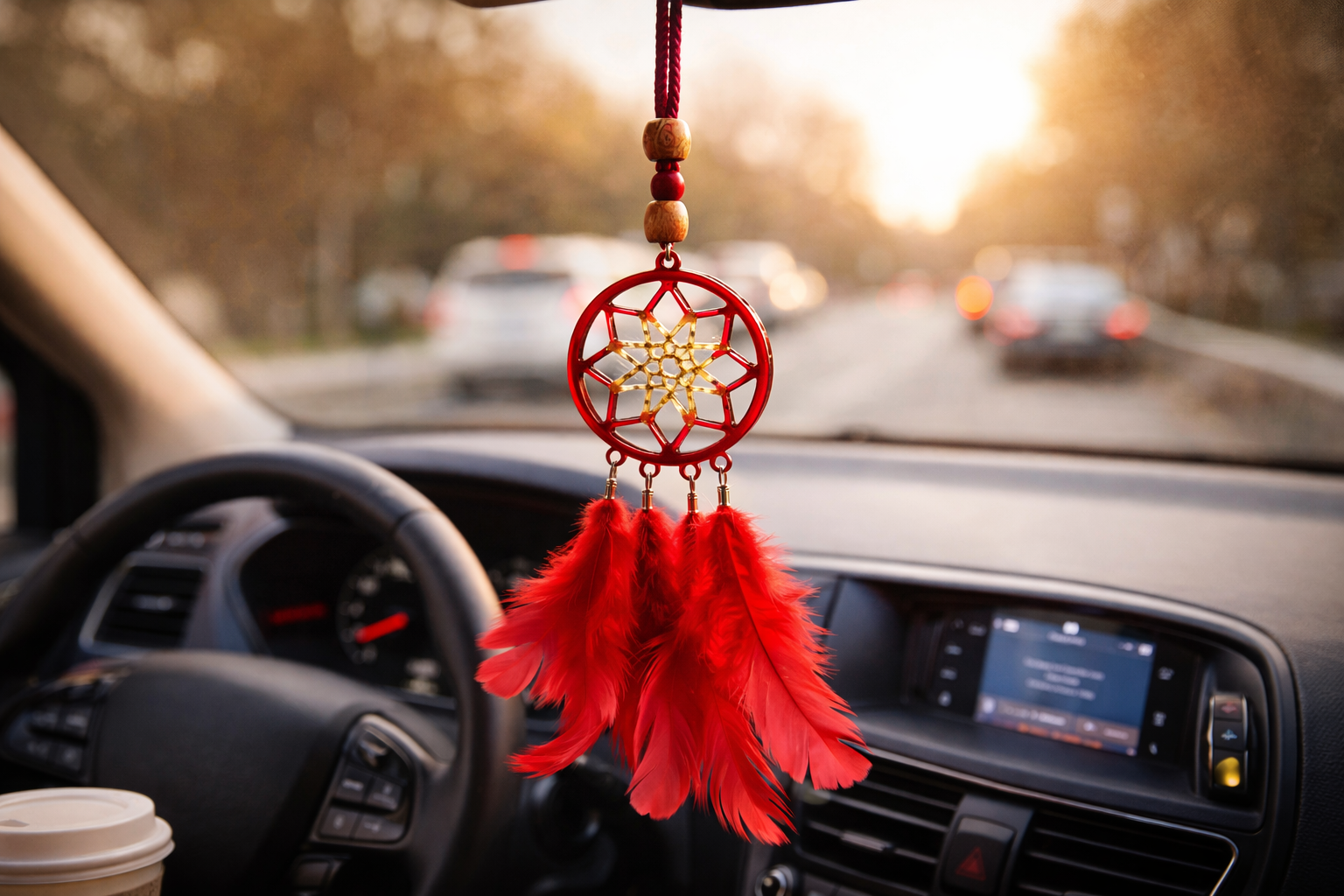 Car dashboard with a red feathered dreamcatcher ornament on a blurred road background
