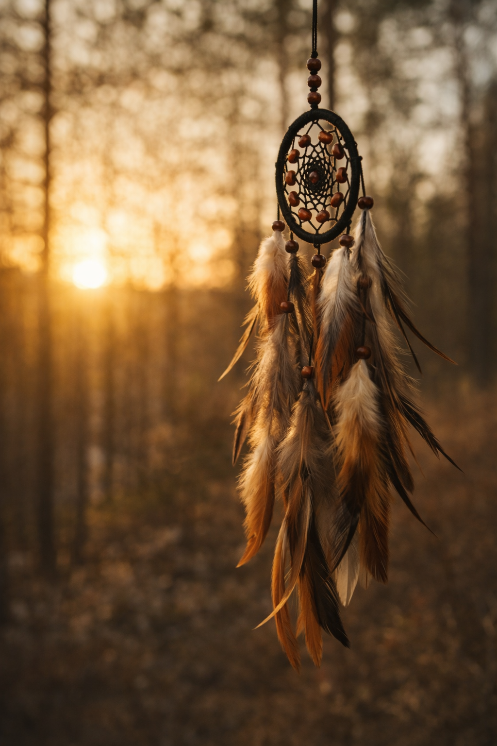 A dreamcatcher with feathers hangs in front of a sunset in a forest.