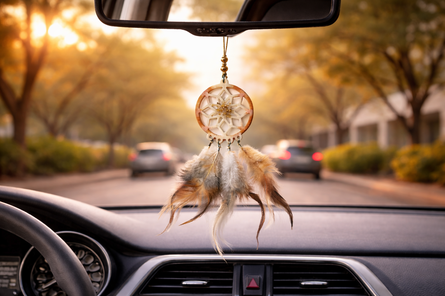 Car dashboard with a dreamcatcher hanging from the rearview mirror, blurred street scene in the background.