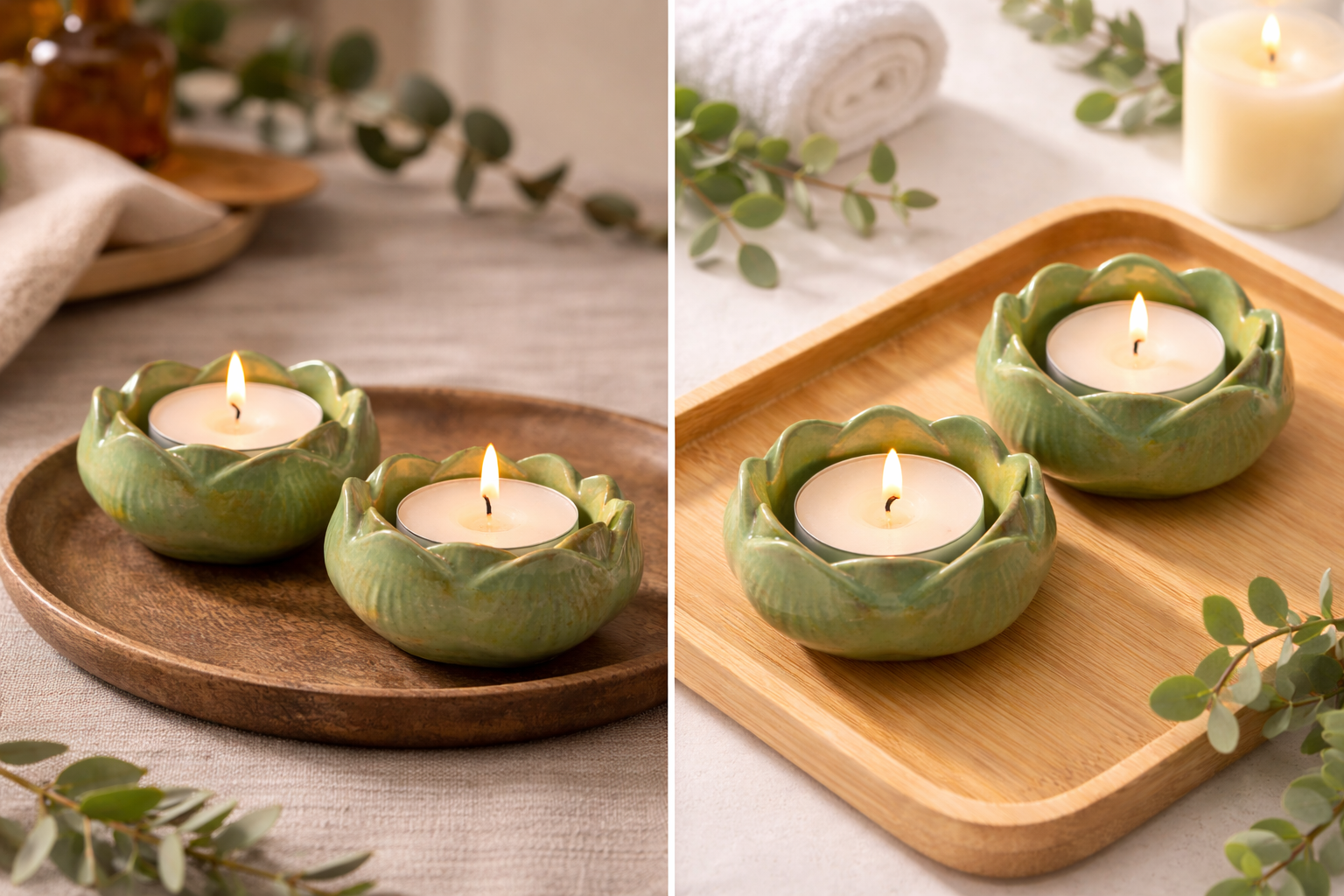 Set of two green lotus-shaped clay tealight candle holders on wooden trays with lit candles.