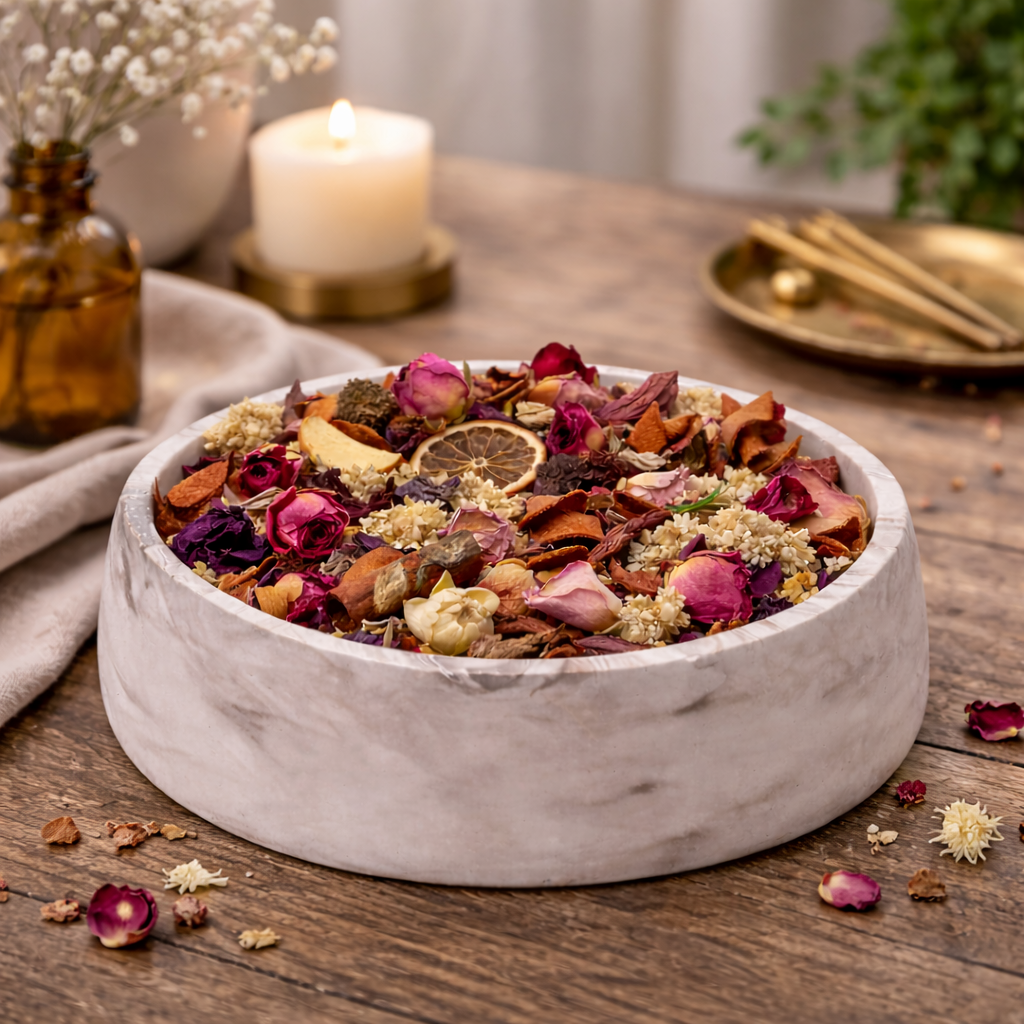 Bowl of dried flowers and herbs on a wooden table with a candle and plants in the background