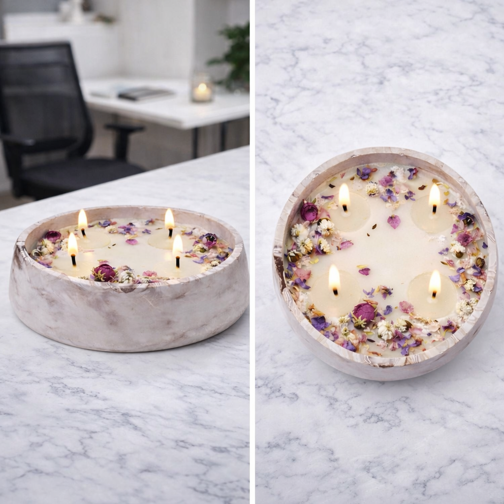 Two images of a candle with floral petals in a concrete holder on a marble surface.