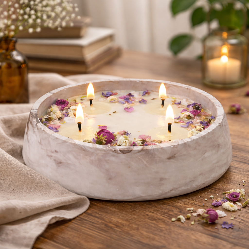 Decorative candle in a marble bowl with floating flowers on a wooden table.