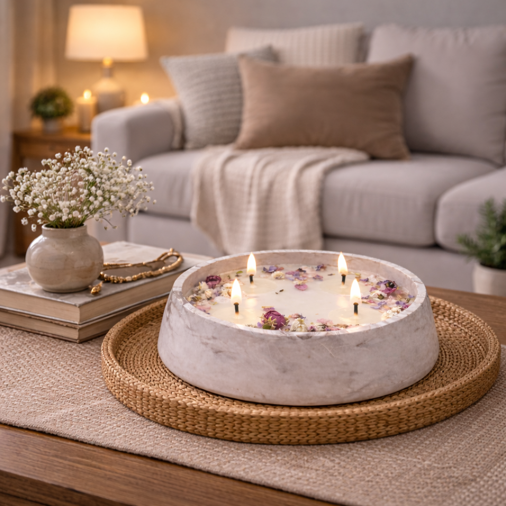 Ivory vein marble multi-wick candle bowl with floral wax placed on living room coffee table for luxury home decor