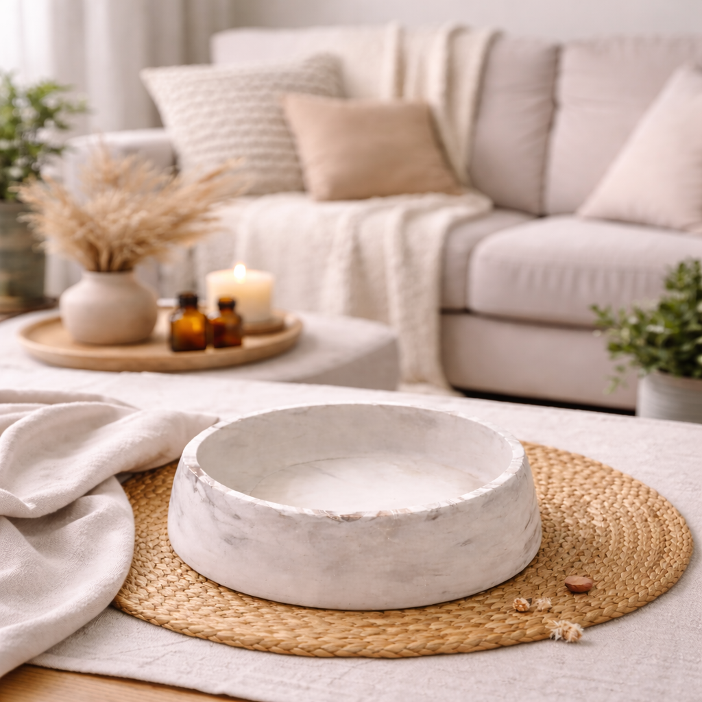 Living room with a white bowl on a woven mat, candles, and plants.