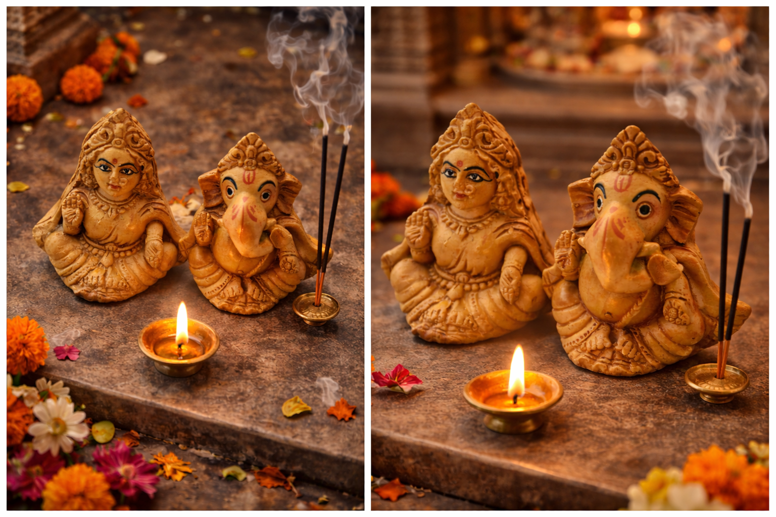Two images of a deity statue with a candle and incense on a stone surface.