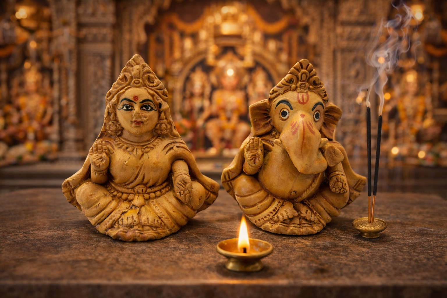 Two clay idols of a deity and a elephant-headed god with a lit candle and incense stick on a wooden surface.