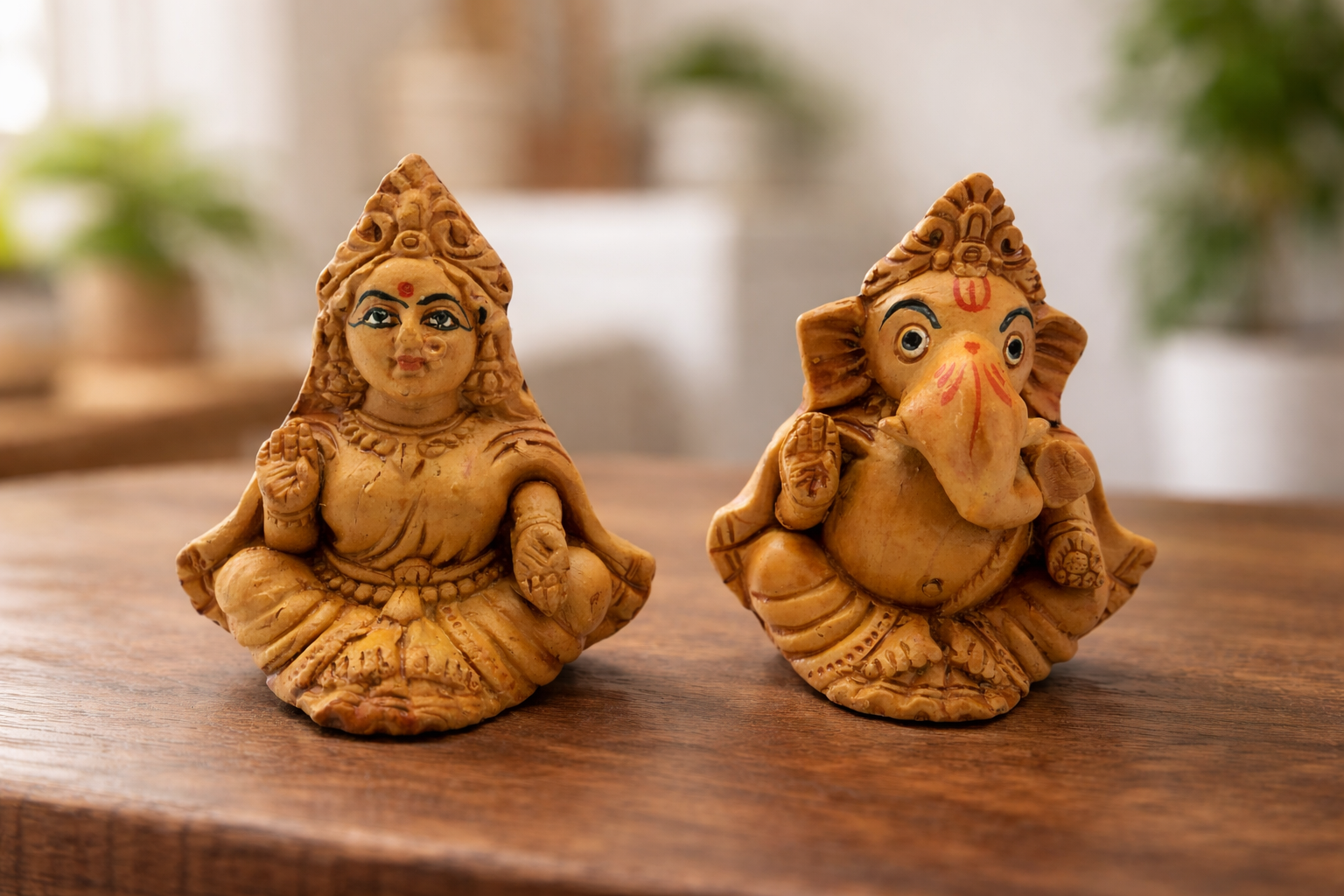 Two terracotta figurines on a wooden surface with a blurred indoor background