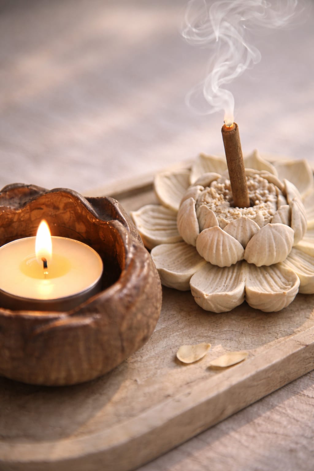 Candle and incense stick on a wooden surface with a blurred background