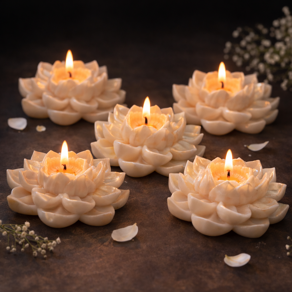 Set of five lotus-shaped candles with flames on a dark surface.