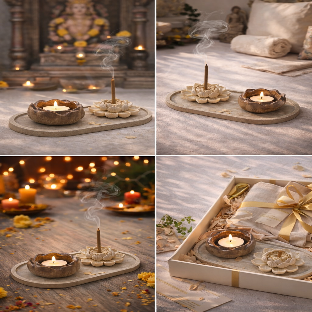Collage of four images featuring candles and incense on a wooden surface with a warm, ambient light.