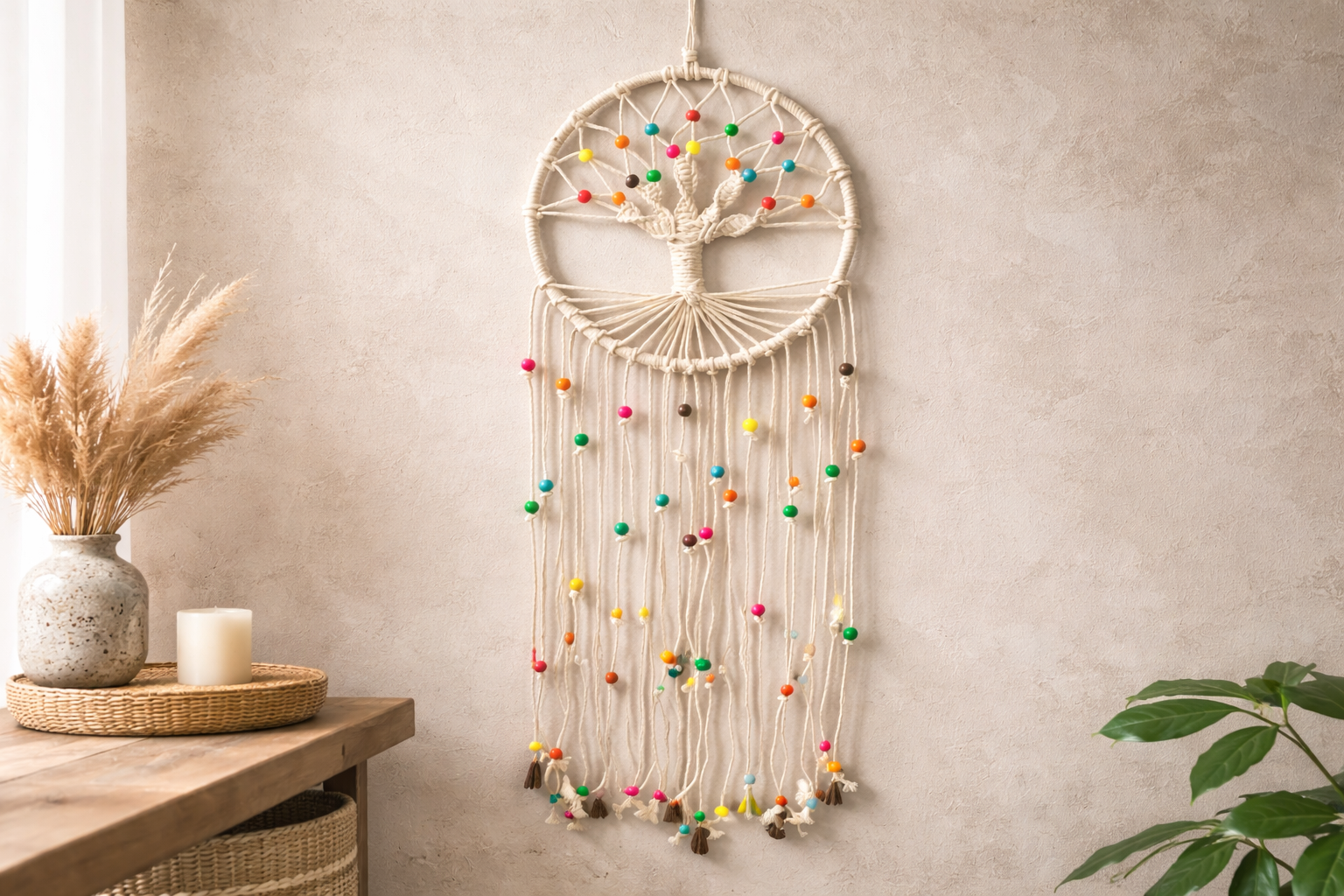 Decorative dreamcatcher with colorful beads hanging on a wall next to a wooden table with a candle and plant.