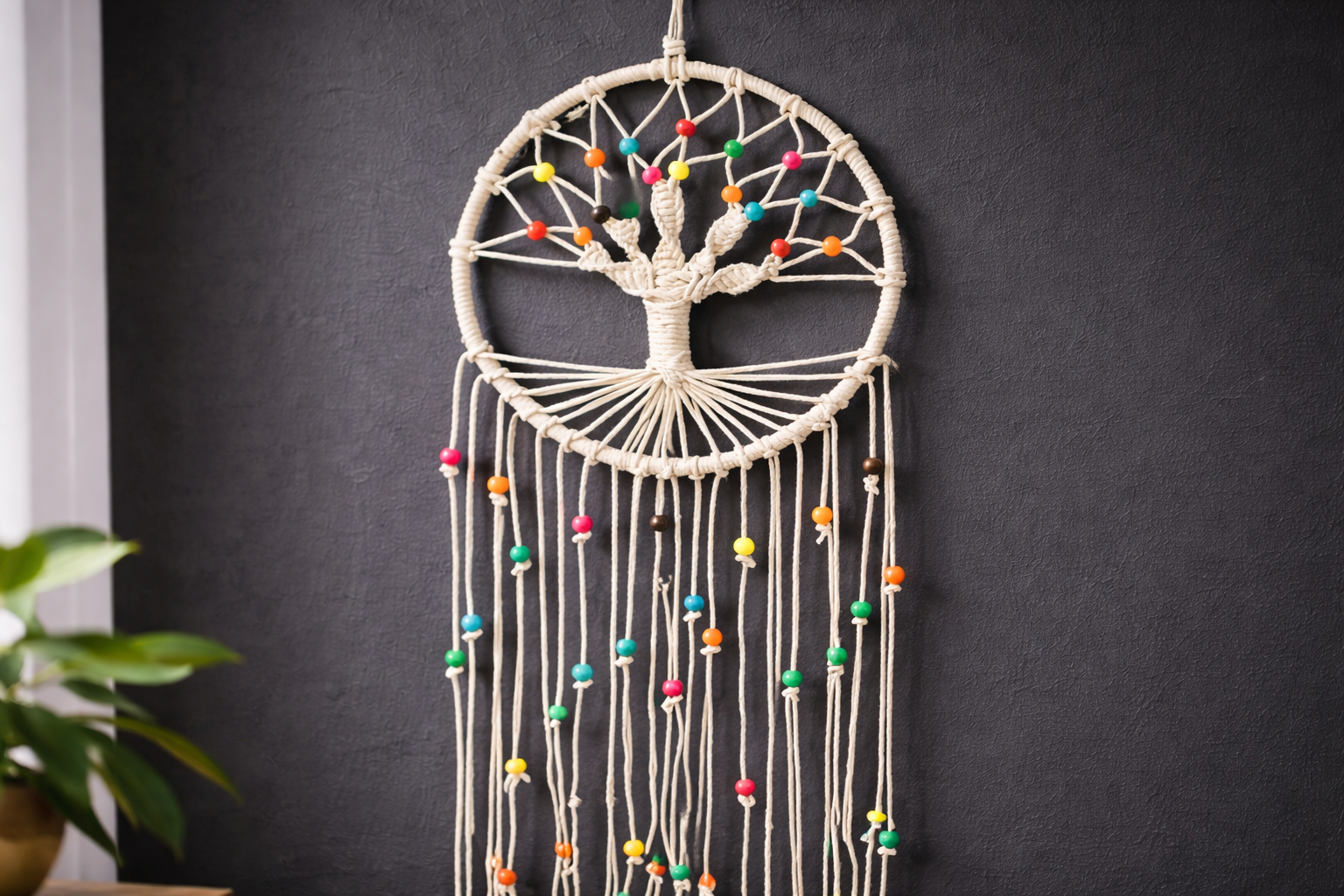 Macrame wall hanging with tree of life design and colorful beads against a dark wall.