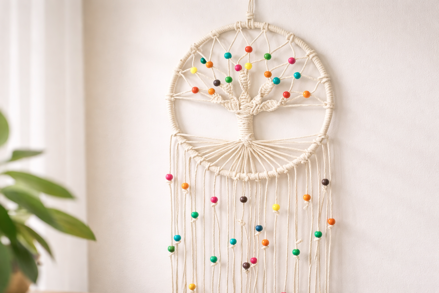 Decorative dreamcatcher with colorful beads on a white wall