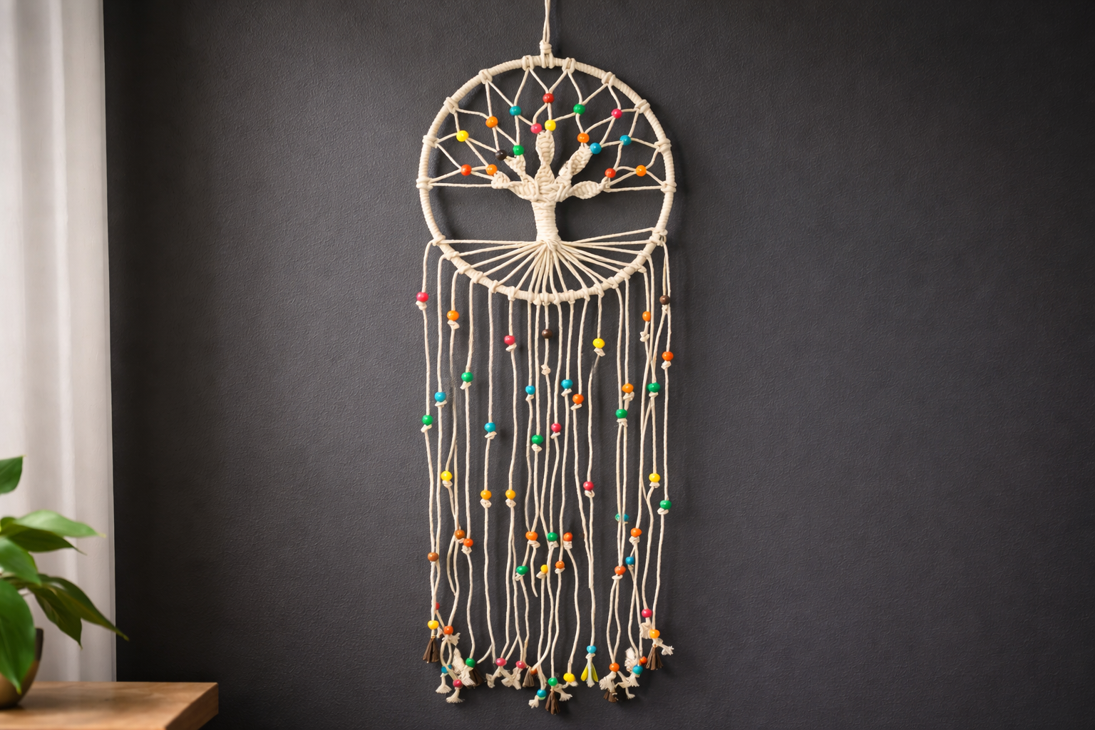 Decorative wall hanging with colorful beads on a dark wall