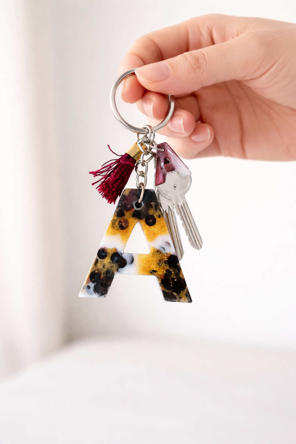 Maroon Sequin Initial Keychain | Alpha Charm Alphabet Resin Key Ring (A–Z) | Personalized Letter Keychain with White & Gold Accents for Gift, Bags, Car Keys & Daily Use