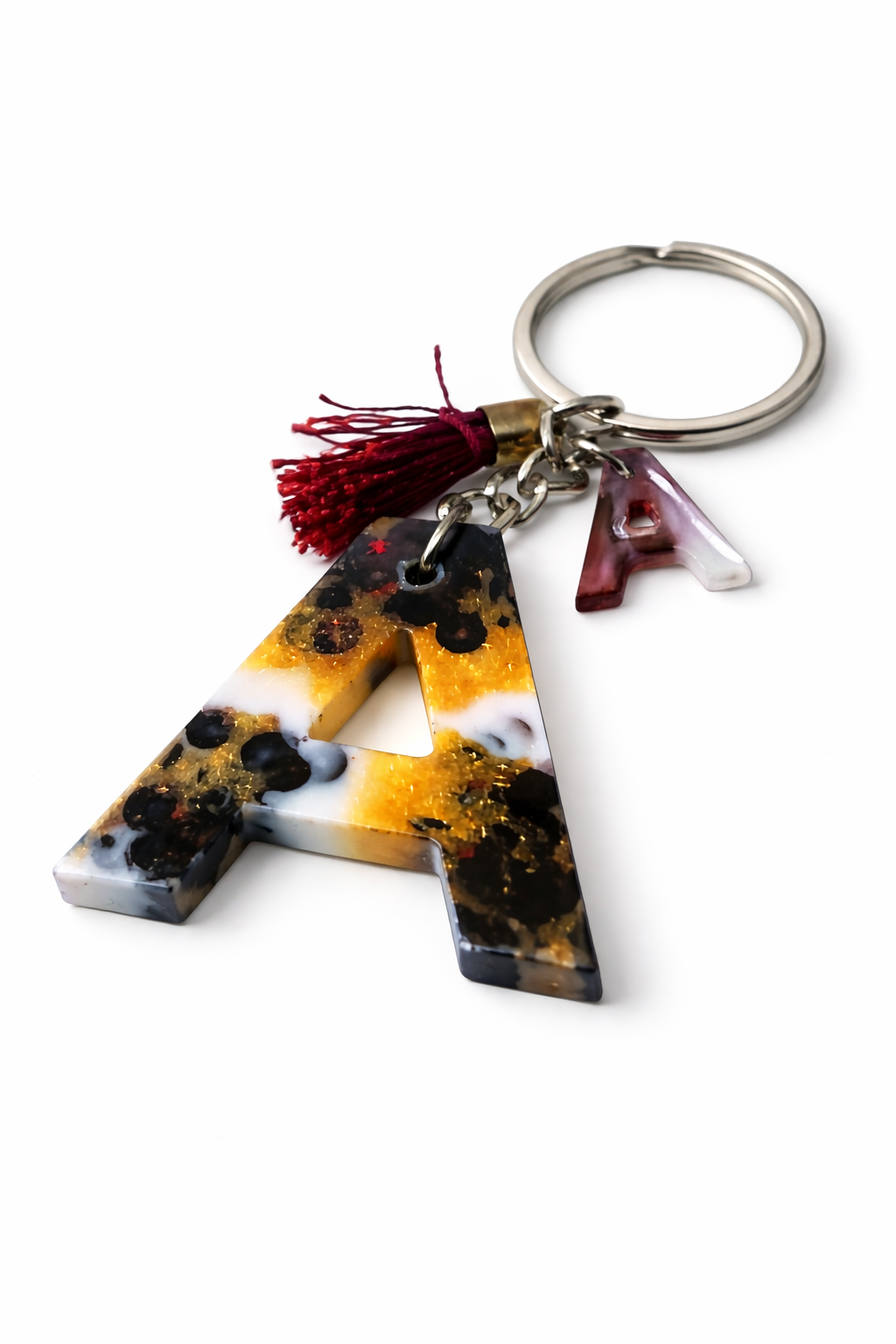 Maroon Sequin Initial Keychain | Alpha Charm Alphabet Resin Key Ring (A–Z) | Personalized Letter Keychain with White & Gold Accents for Gift, Bags, Car Keys & Daily Use