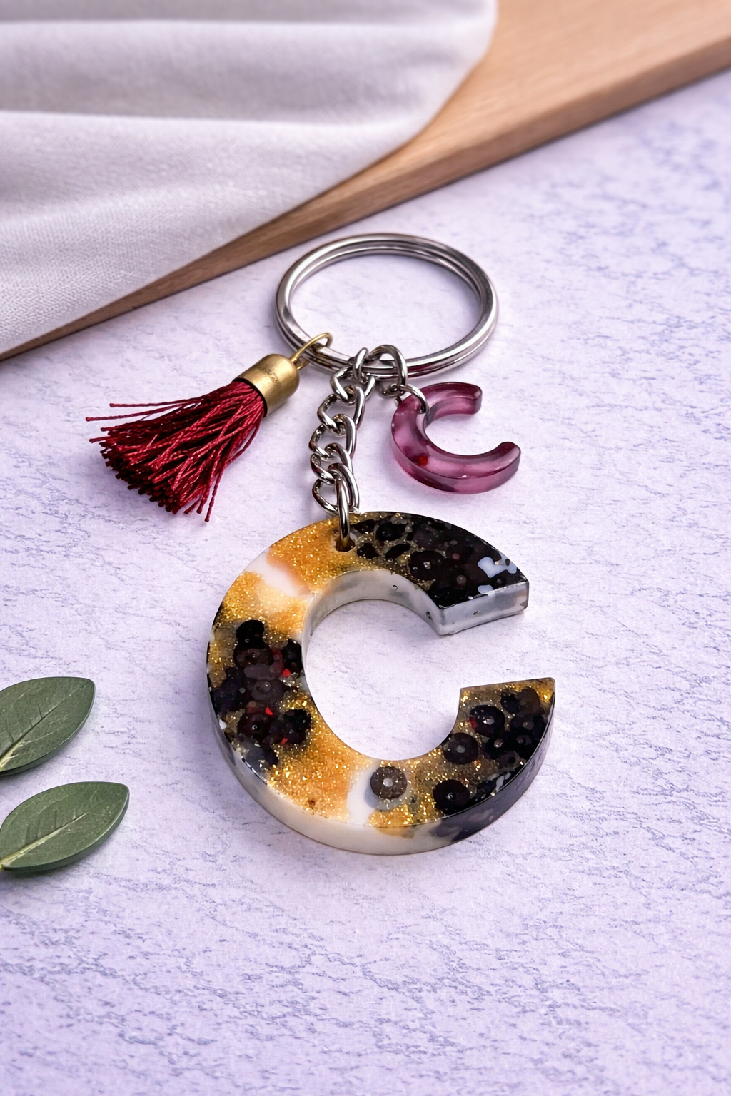 Maroon Sequin Initial Keychain | Alpha Charm Alphabet Resin Key Ring (A–Z) | Personalized Letter Keychain with White & Gold Accents for Gift, Bags, Car Keys & Daily Use