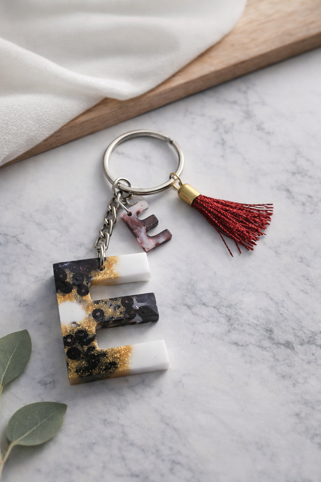 Maroon Sequin Initial Keychain | Alpha Charm Alphabet Resin Key Ring (A–Z) | Personalized Letter Keychain with White & Gold Accents for Gift, Bags, Car Keys & Daily Use