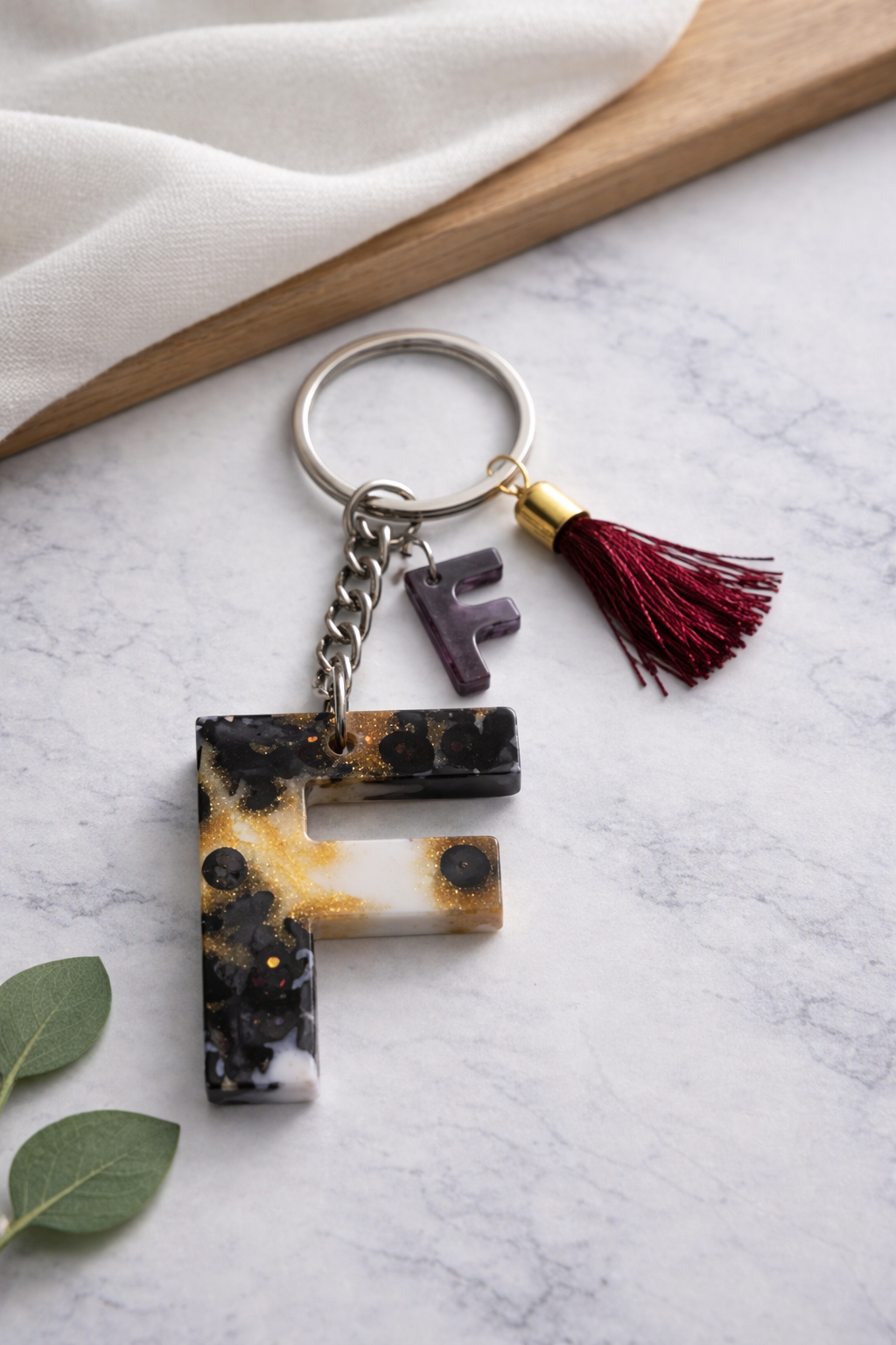 Maroon Sequin Initial Keychain | Alpha Charm Alphabet Resin Key Ring (A–Z) | Personalized Letter Keychain with White & Gold Accents for Gift, Bags, Car Keys & Daily Use