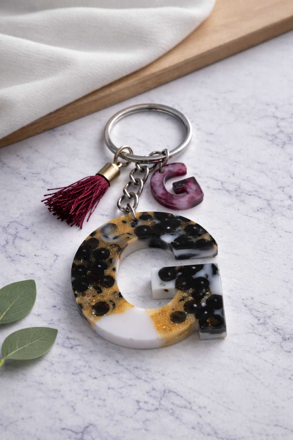 Maroon Sequin Initial Keychain | Alpha Charm Alphabet Resin Key Ring (A–Z) | Personalized Letter Keychain with White & Gold Accents for Gift, Bags, Car Keys & Daily Use