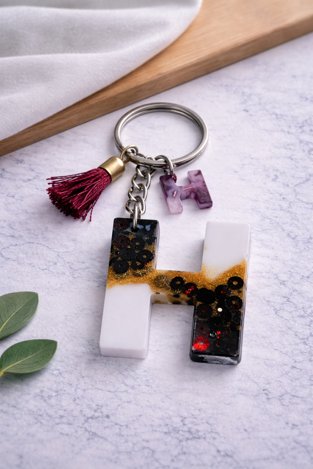 Maroon Sequin Initial Keychain | Alpha Charm Alphabet Resin Key Ring (A–Z) | Personalized Letter Keychain with White & Gold Accents for Gift, Bags, Car Keys & Daily Use