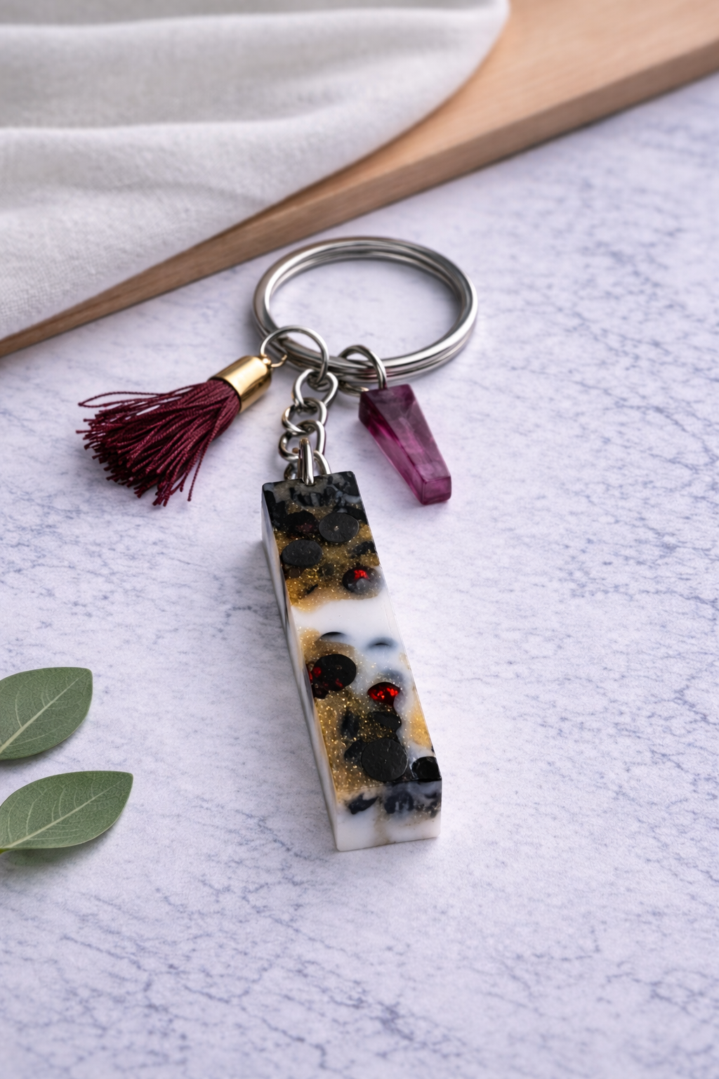 Maroon Sequin Initial Keychain | Alpha Charm Alphabet Resin Key Ring (A–Z) | Personalized Letter Keychain with White & Gold Accents for Gift, Bags, Car Keys & Daily Use