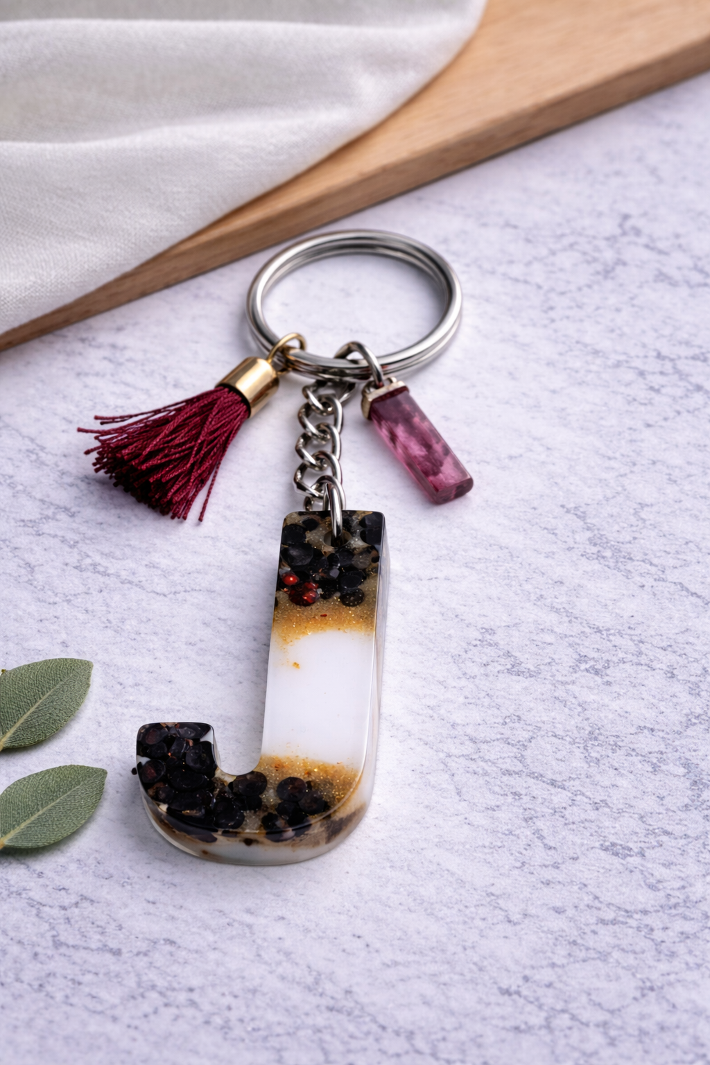 Maroon Sequin Initial Keychain | Alpha Charm Alphabet Resin Key Ring (A–Z) | Personalized Letter Keychain with White & Gold Accents for Gift, Bags, Car Keys & Daily Use