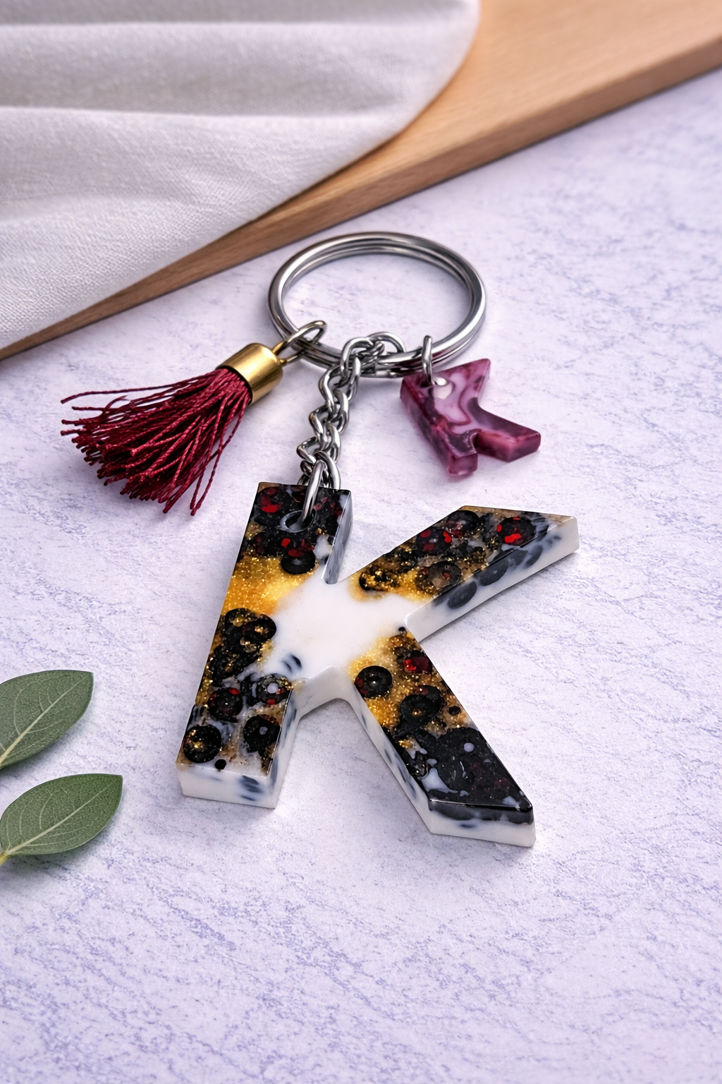 Maroon Sequin Initial Keychain | Alpha Charm Alphabet Resin Key Ring (A–Z) | Personalized Letter Keychain with White & Gold Accents for Gift, Bags, Car Keys & Daily Use