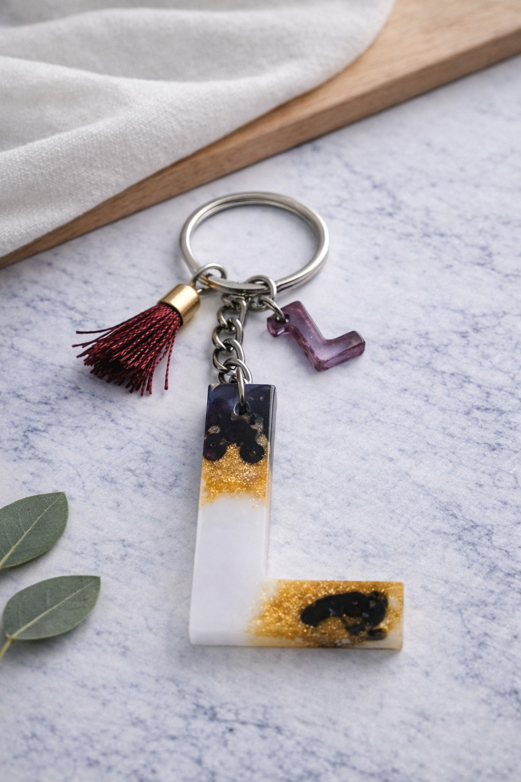 Maroon Sequin Initial Keychain | Alpha Charm Alphabet Resin Key Ring (A–Z) | Personalized Letter Keychain with White & Gold Accents for Gift, Bags, Car Keys & Daily Use
