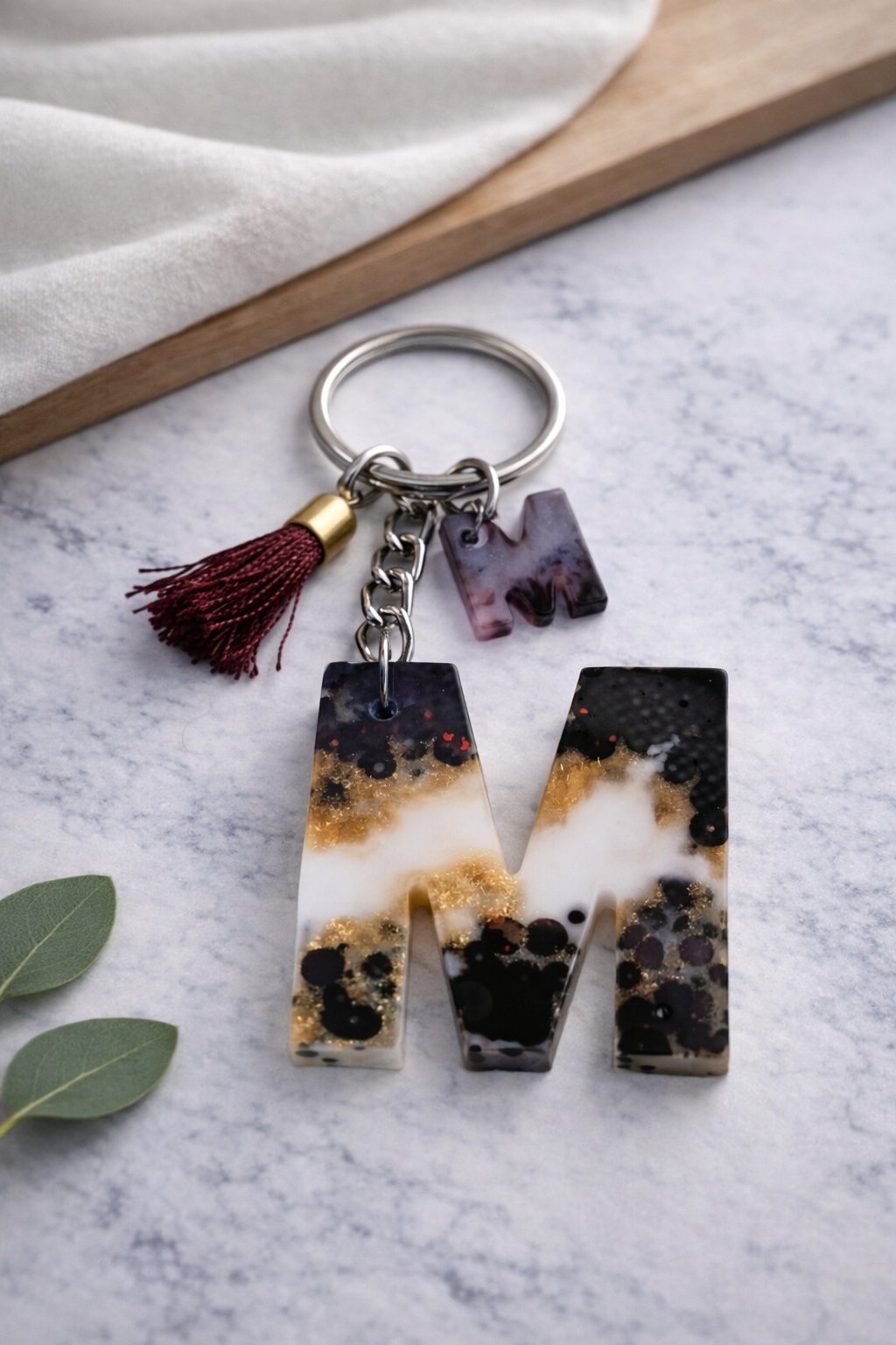 Maroon Sequin Initial Keychain | Alpha Charm Alphabet Resin Key Ring (A–Z) | Personalized Letter Keychain with White & Gold Accents for Gift, Bags, Car Keys & Daily Use