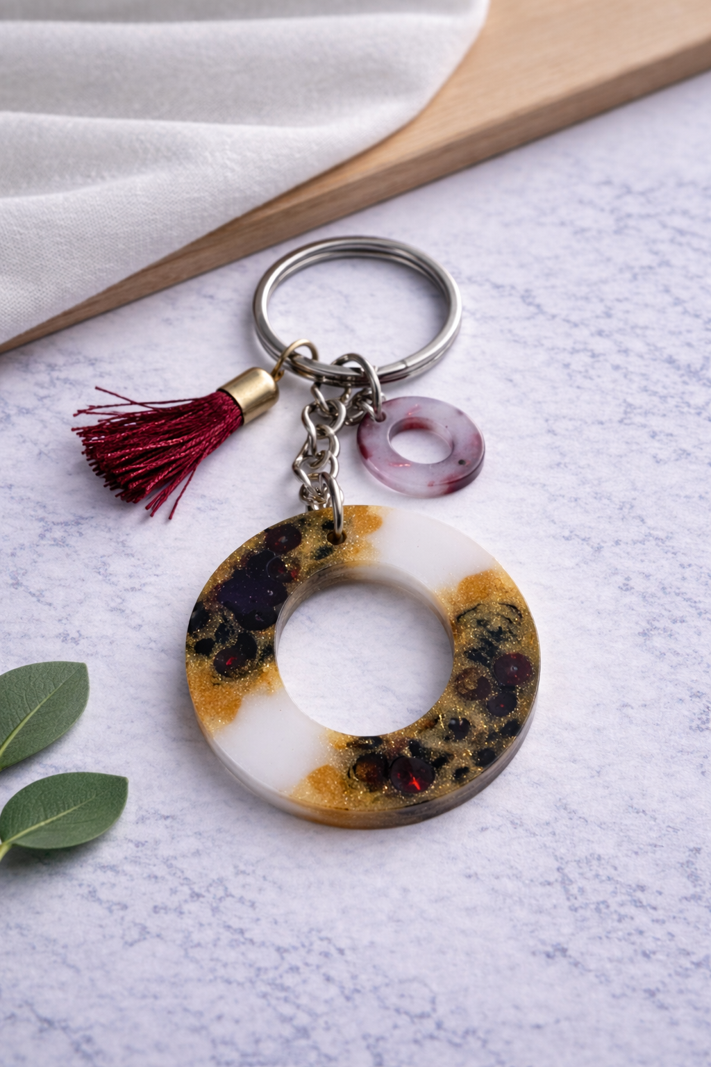 Maroon Sequin Initial Keychain | Alpha Charm Alphabet Resin Key Ring (A–Z) | Personalized Letter Keychain with White & Gold Accents for Gift, Bags, Car Keys & Daily Use