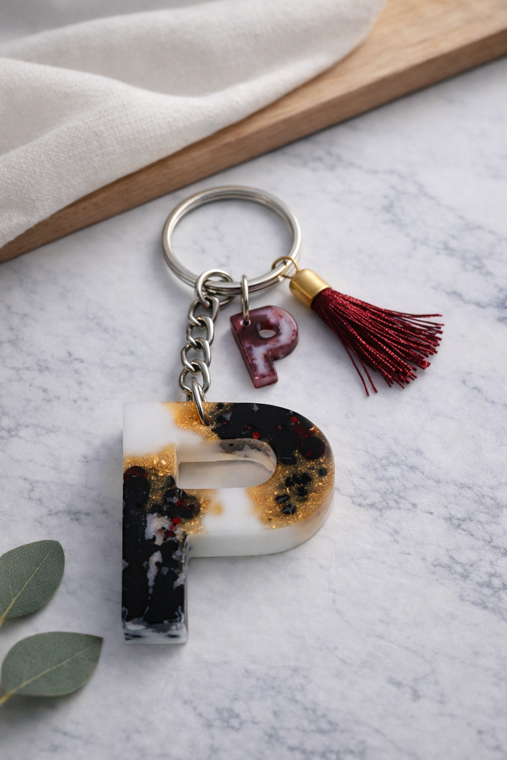 Maroon Sequin Initial Keychain | Alpha Charm Alphabet Resin Key Ring (A–Z) | Personalized Letter Keychain with White & Gold Accents for Gift, Bags, Car Keys & Daily Use