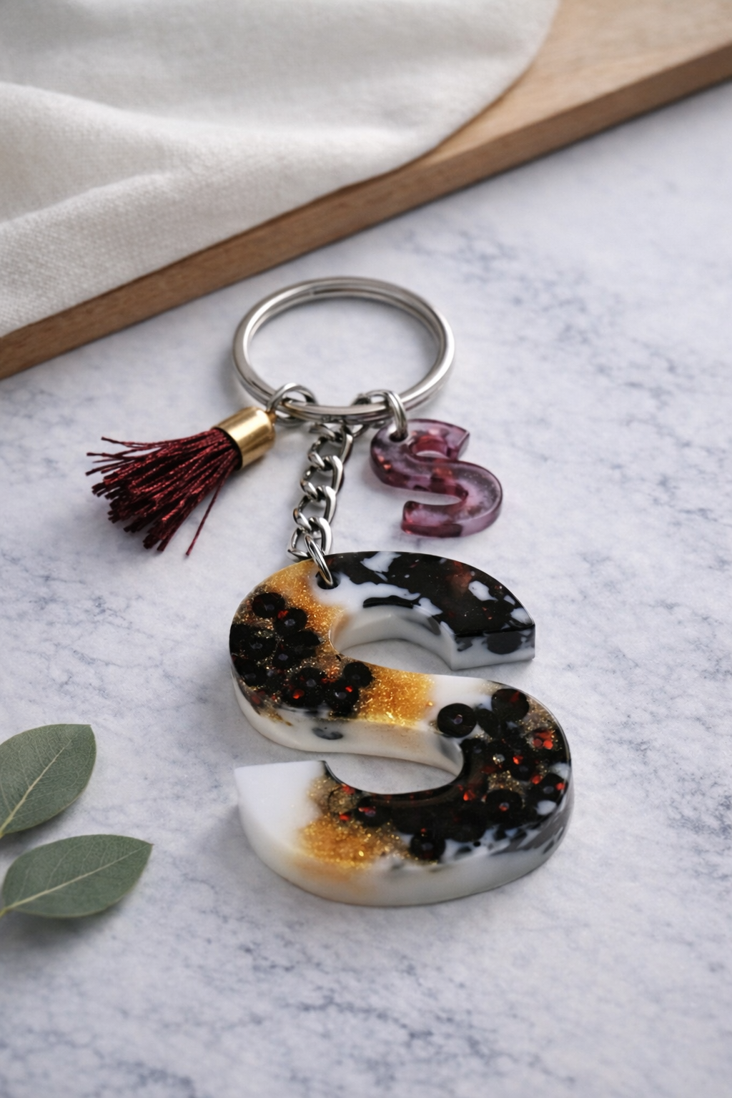 Maroon Sequin Initial Keychain | Alpha Charm Alphabet Resin Key Ring (A–Z) | Personalized Letter Keychain with White & Gold Accents for Gift, Bags, Car Keys & Daily Use