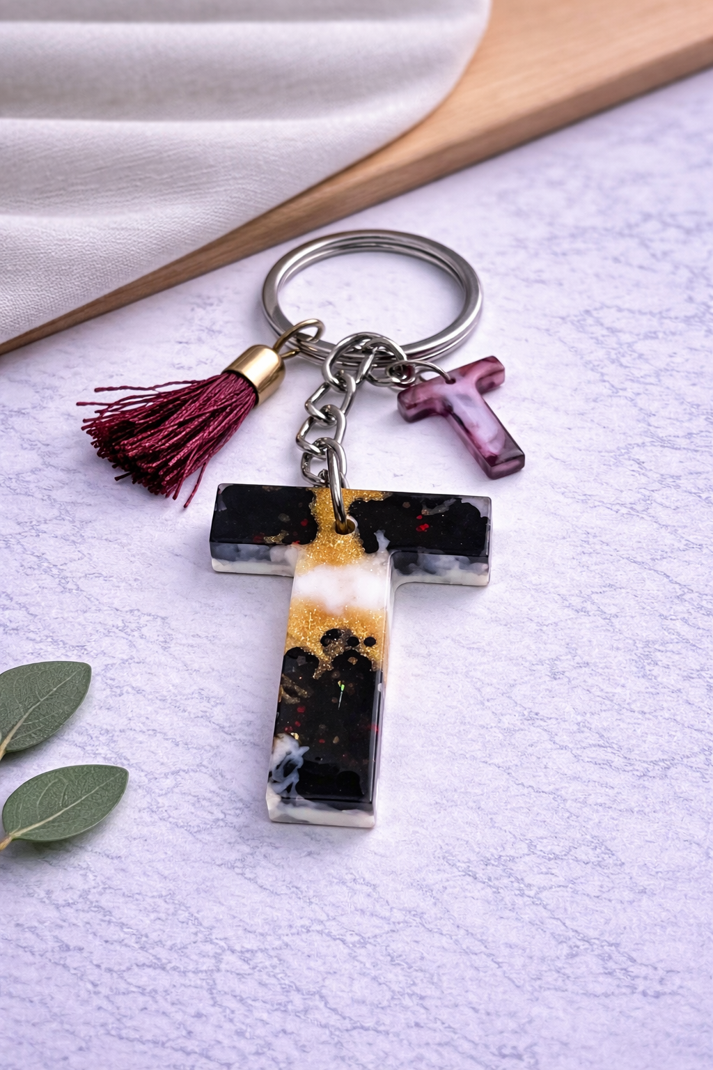 Maroon Sequin Initial Keychain | Alpha Charm Alphabet Resin Key Ring (A–Z) | Personalized Letter Keychain with White & Gold Accents for Gift, Bags, Car Keys & Daily Use