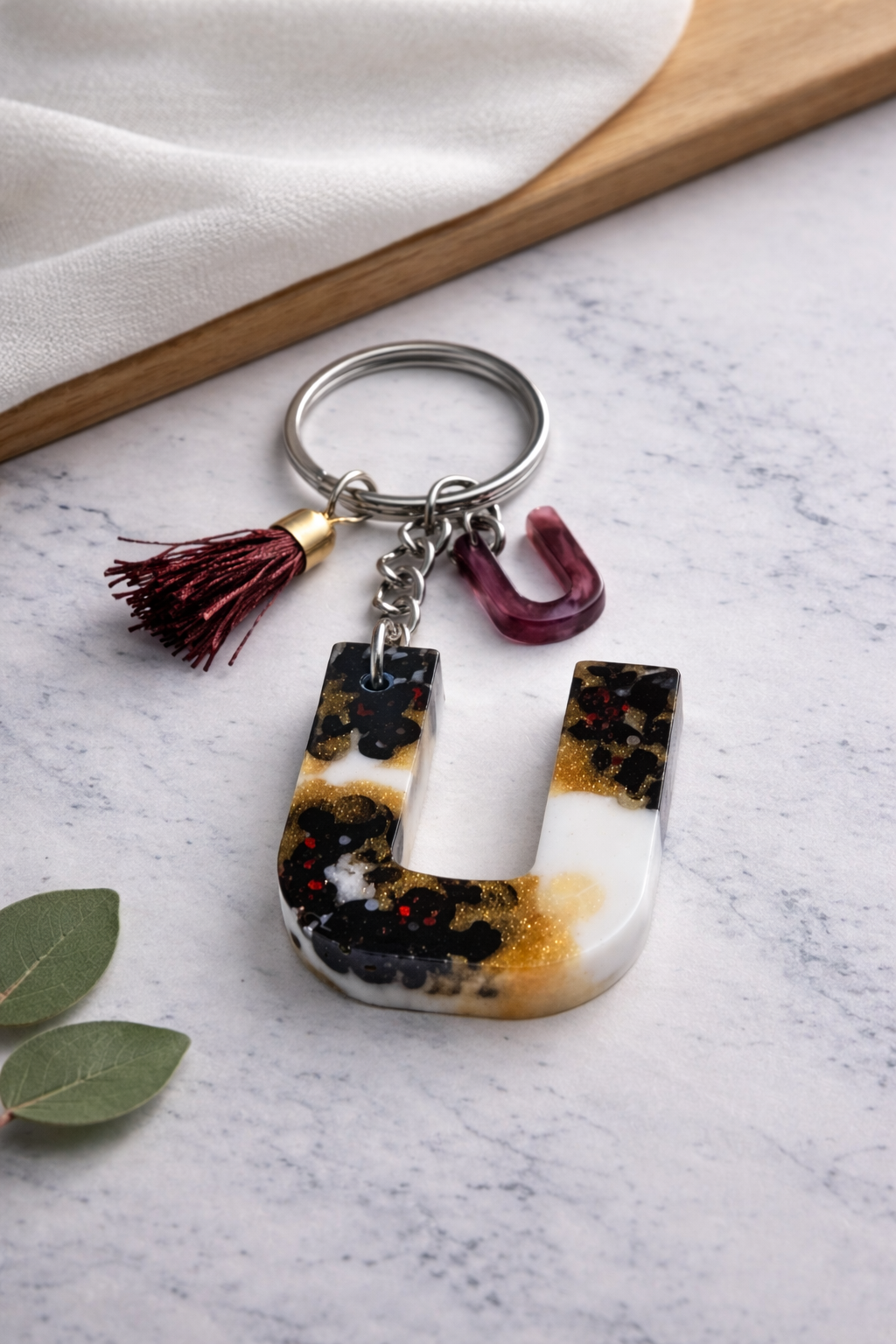 Maroon Sequin Initial Keychain | Alpha Charm Alphabet Resin Key Ring (A–Z) | Personalized Letter Keychain with White & Gold Accents for Gift, Bags, Car Keys & Daily Use